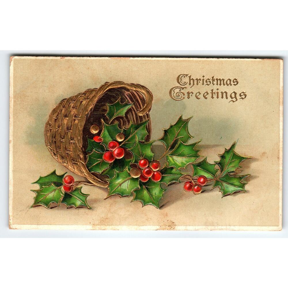 Vintage Embossed Christmas Greetings Postcard with Holly Basket